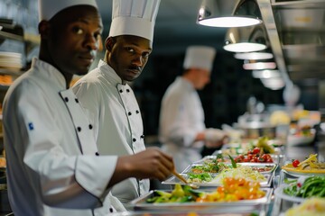 A pair of skilled black chefs expertly prepare food in a high-end kitchen, showcasing their culinary prowess with precision and professionalism.