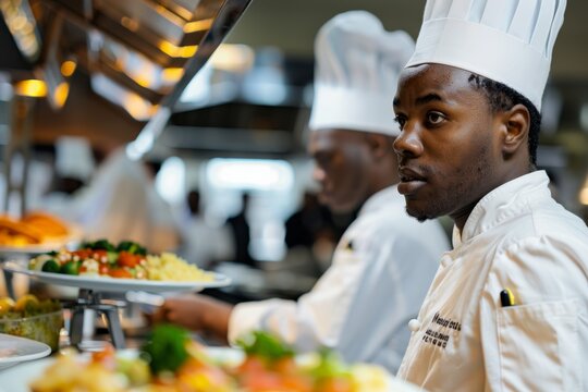 A pair of skilled black chefs expertly prepare food in a high-end kitchen, showcasing their culinary prowess with precision and professionalism.