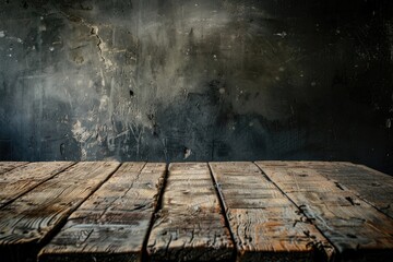 Wood Table. Old Rustic Wooden Table with Blurred Concrete Block Wall in Dark Room Background