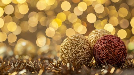Wicker balls in varied hues on golden bokeh backdrop