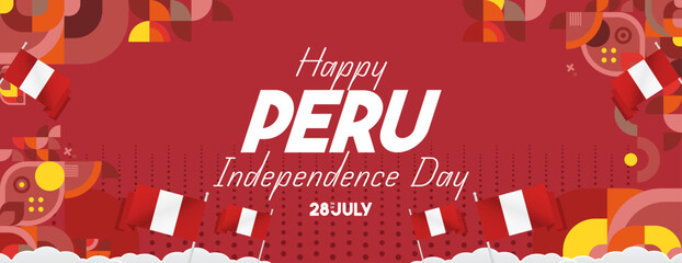 Peru Independence Day banner in modern geometric style. Wide banner with typography and also country flag. Background for National holiday celebration party. Happy Independence Day of Peru