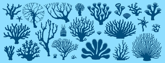 Underwater sea coral reef and seaweeds dark blue silhouettes. Vector set of diverse plant species found in reef ecosystems. Branching, leafy and fan-shaped corals, rich biodiversity of marine life © Vector Tradition