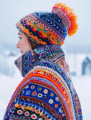 Vibrant Sami Gakti: Traditional Clothing of the Sami People in Northern Europe Against Snowy Landscape