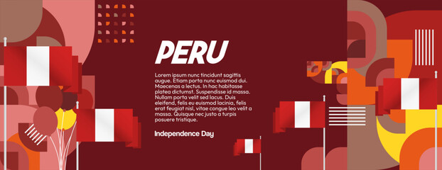 Peru Independence Day banner in modern geometric style. Wide banner with typography and also country flag. Background for National holiday celebration party. Happy Independence Day of Peru