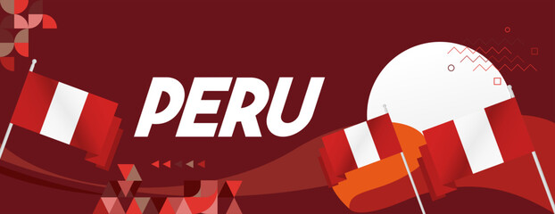 Peru Independence Day banner in modern geometric style. Wide banner with typography and also country flag. Background for National holiday celebration party. Happy Independence Day of Peru
