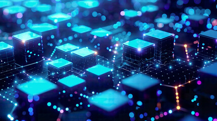 Blockchain ecosystem interconnected nodes glowing blue 
