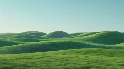 Fototapeta premium A lush green field with undulating hills under a clear blue sky, capturing the tranquility of nature.