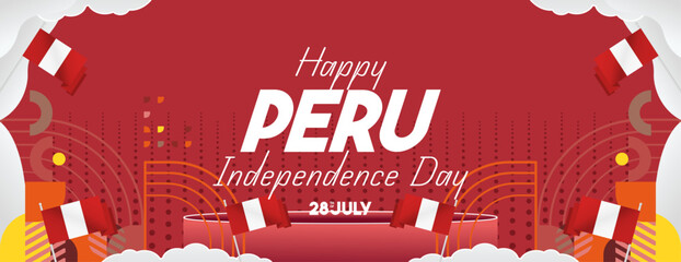 Peru Independence Day banner in modern geometric style. Wide banner with typography and also country flag. Background for National holiday celebration party. Happy Independence Day of Peru
