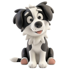 Cute cartoon dog with black and white fur, sitting happily, isolated on white background, perfect for kids' illustrations.