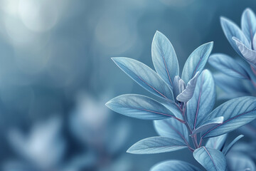 Serene Macro Shot of Blue Leaves on Soft Bokeh Background