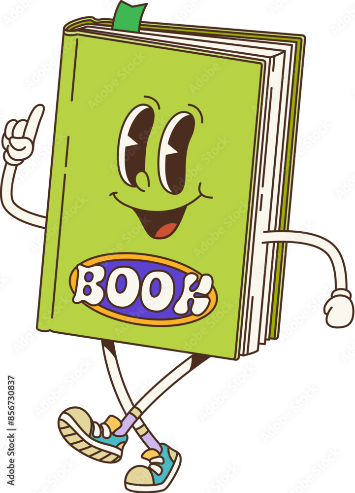 Poster Cartoon retro groovy book or textbook character. Isolated vector lively green book personage with big expressive eyes and a cheerful friendly smile, walking and showing pointing gesture with finger up