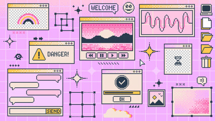 Retro y2k computer window page interface. Vector pc desktop with folders, loading bar, program error, chat app, sparks, browser and menu icons. Rave pink screen background in old 2000s aesthetic style