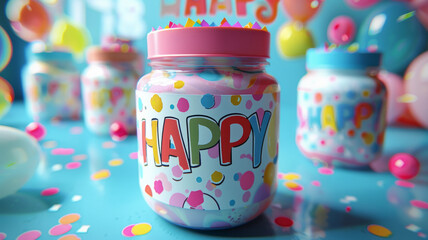 Fototapeta premium Colorful jars with 'Happy' labels, surrounded by confetti and balloons.