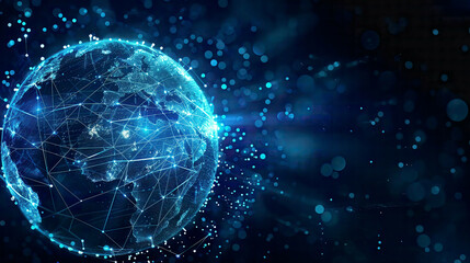 Obraz premium Blockchain technology futuristic HUD background with world globe and blockchain polygon peer to peer network. Global cryptocurrency fintech business banner concept. 