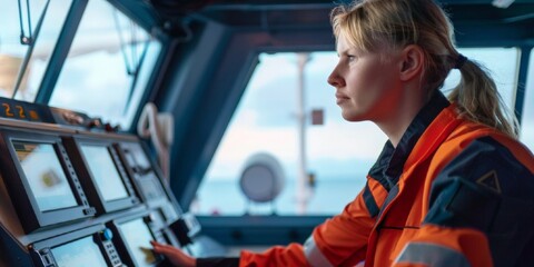 Obraz premium Portrait yong female maritime professional at work. Woman engineer in front of sea port background. International Labor Day, Workers Day concept. banner, poster, flyer.