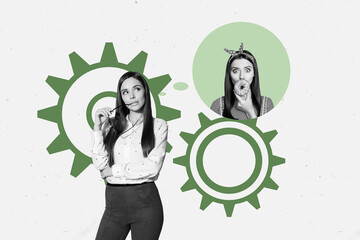 Composite photo collage of minded girl think sweet donut lunch food colleague lady eat tasty...
