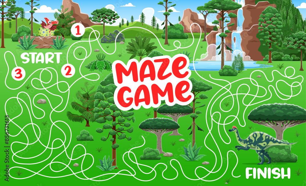 Poster labyrinth maze game, help to dino kid to find mother dinosaur, vector quiz worksheet. funny cute din