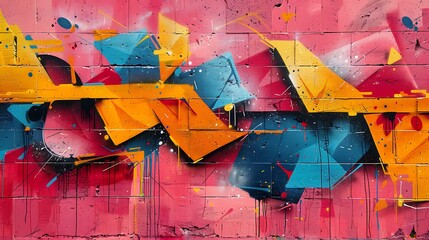 Naklejka premium A vibrant urban wall background covered in bold and colorful graffiti art, featuring a mix of street art elements like abstract shapes, tags, and murals, dynamic and energetic design