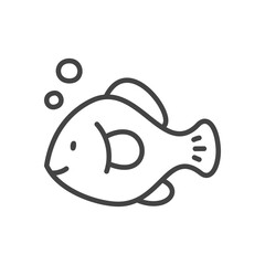 Cute fish icon. Hand drawn monochrome illustration of a little fish with bubbles isolated on a white background. Kawaii sticker. Vector 10 EPS.