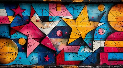 Naklejka premium A vibrant urban wall background with bold graffiti art, showcasing street art elements like abstract patterns, tags, and murals, dynamic and colorful design, high energy