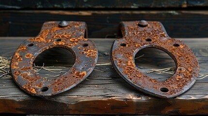 Two Rusty Metal Rings on a Wooden Surface