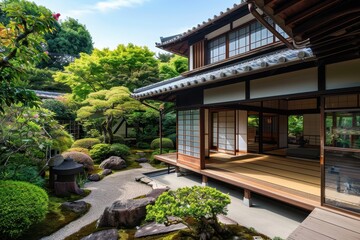 Fototapeta premium Authentic Beauty of Traditional Japanese Houses: Detailed Shots of Sliding Doors, Tatami Mats, and Gardens