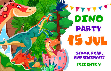 Birthday invite, kids dino party flyer. Vector invitation with cartoon dinosaurs. Cute funny baby dino in the egg, ouranosaurus, styracosaurus and oviraptor amid a jungle backdrop with bunting decor