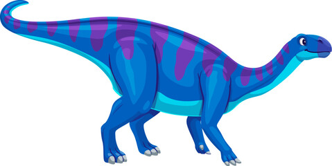 Fototapeta premium Cartoon coloradisaurus dinosaur character of jurassic jungle animal. Vector personage of prehistoric dino lizard with blue stripped skin. Funny herbivore dinosaur, extinct animal of jurassic period