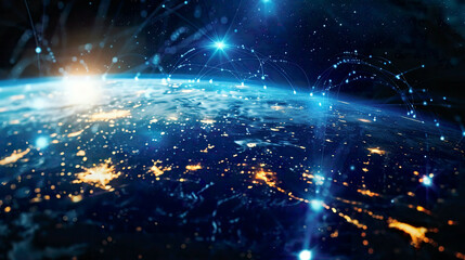 Obraz premium Communication network technology for internet business. Global network and telecommunication on Earth with cryptocurrency IoT and blockchain. 