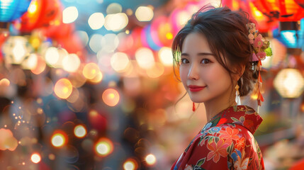 Naklejka premium Japanese girl wearing traditional yukata, surrounded by colorful lanterns and lively stalls on the street, japanese summer festival image