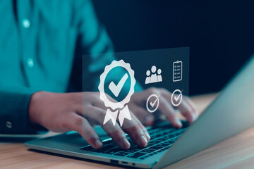 Businessman showing quality Providing the best service, confident, confident, accurate and excellent service, ISO certified, standards accreditation guidelines. 