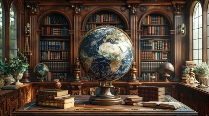 Obraz premium Globes and Books in a Classic Library
