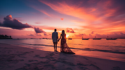 Fototapeta premium Couple on the beach with beautiful sunset in background. Silhouette of couple on the beach