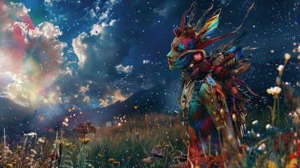 Vibrant Fantasy Creature in a Mystical Meadow Under a Starry Sky with Colorful Lights