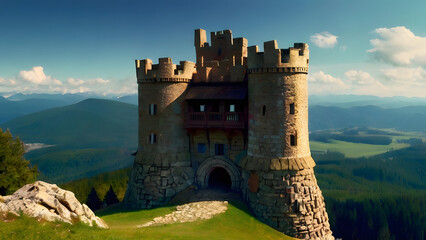 An old castle, half-ruined with defensive towers, stands in the mountains on a mountain cliff