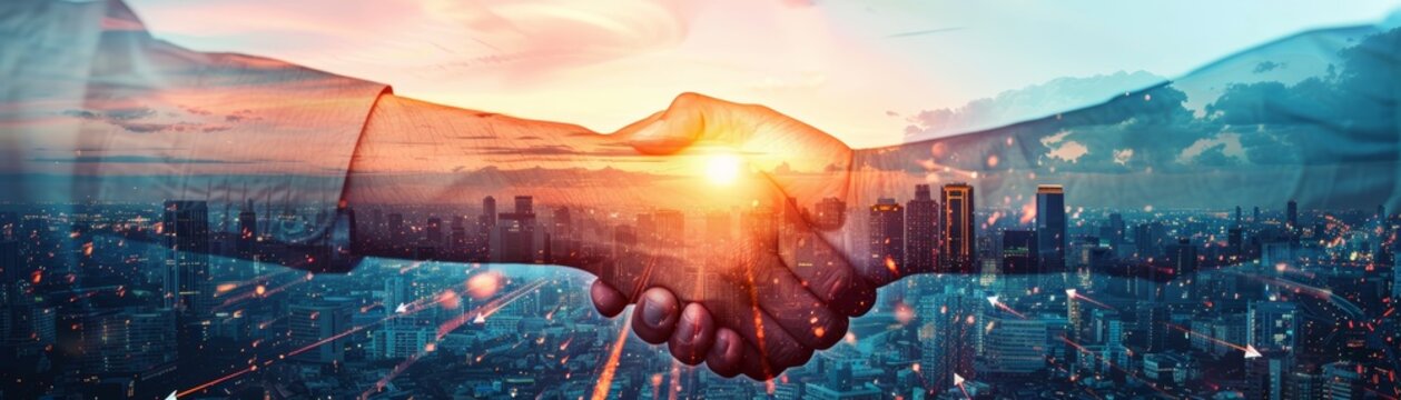 Silhouettes of hands shaking against a city skyline and sunset.