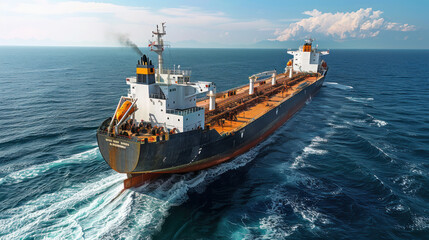 Fototapeta premium A cargo ship sailing on the sea. Make the cargo ship bigger.