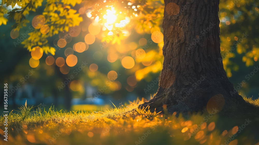 Poster a tree with a sun shining on it. the sun is casting a shadow on the ground. the tree is surrounded b