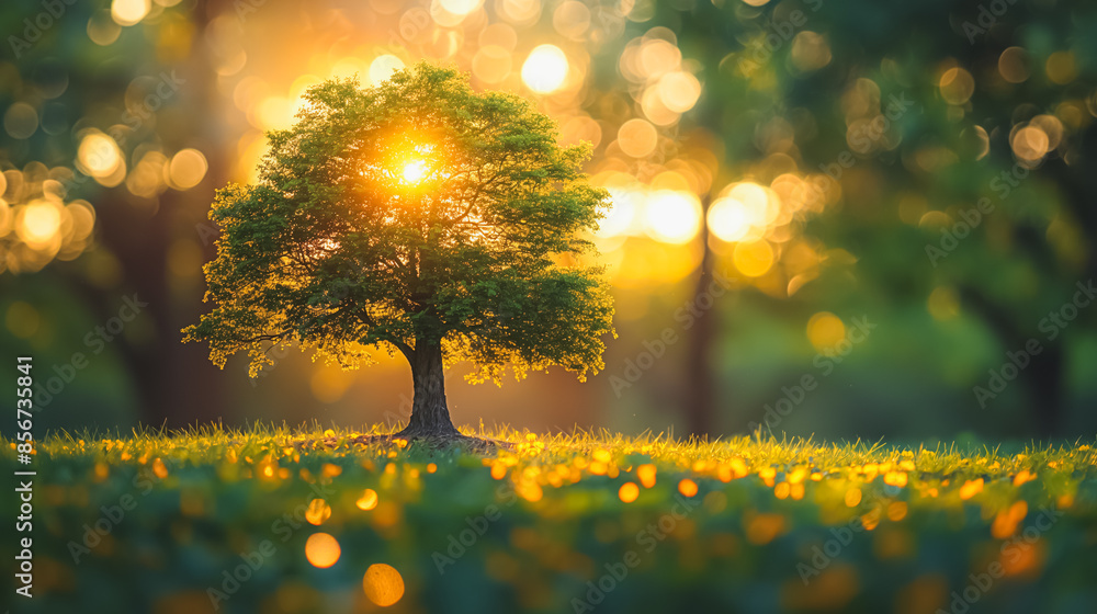 Poster a small tree is in the middle of a field of grass. the sun is shining brightly on the tree, casting 