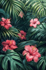 Elegant Abstract Pink Hibiscus Flowers Amidst Lush Tropical Foliage