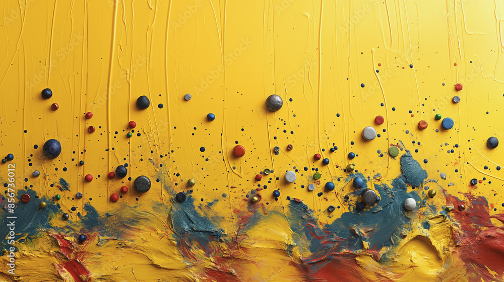 Poster a yellow background with a lot of different colored dots on it. the dots are of various sizes and co