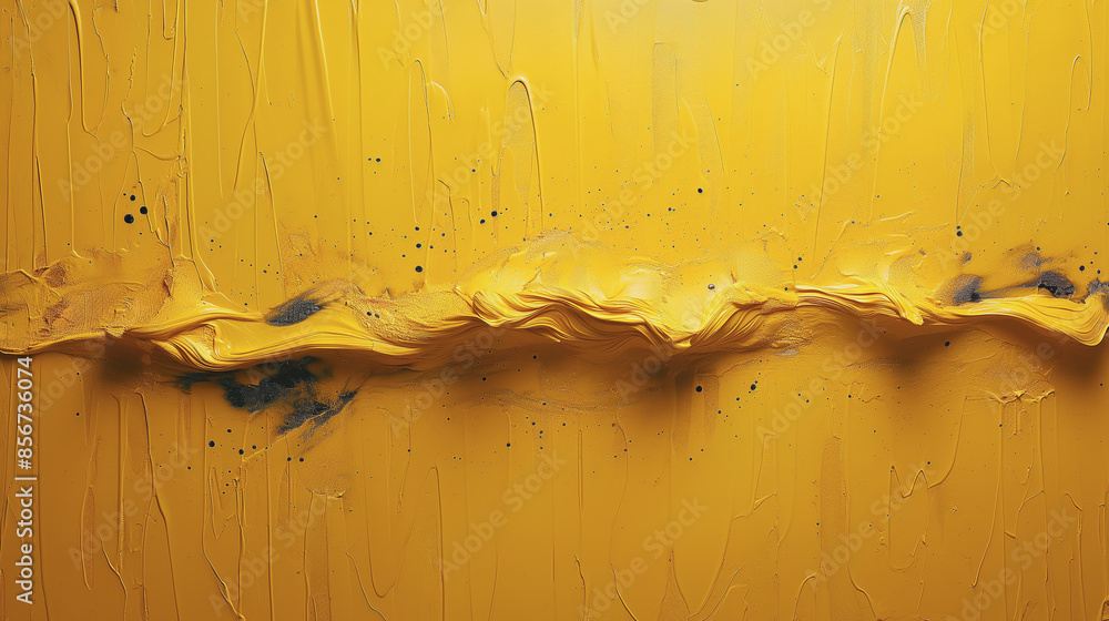 Poster a yellow line with black spots and splatters. the line is long and curvy. the black spots and splatt