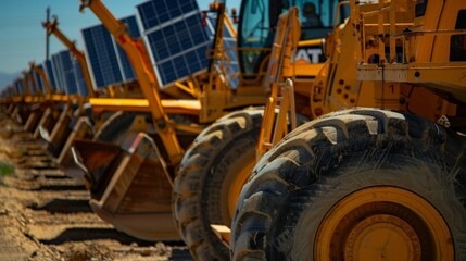 Fototapeta premium A line of solarpowered construction equipment parked at a job site showcasing the industrys commitment to sustainable and environmentally friendly practices.