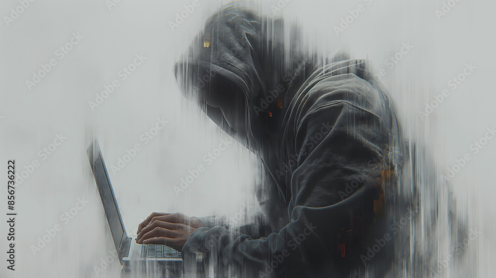 Poster a man is typing on a laptop while wearing a hoodie. the image has a moody and mysterious feel to it,