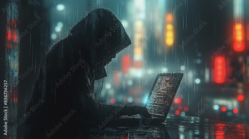 Poster a man is sitting at a table with a laptop, typing on it. the image has a moody and mysterious atmosp