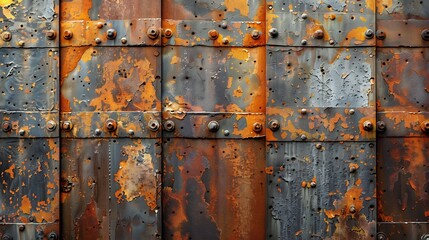 An industrial chic wall background featuring rusted metal panels, with varying shades of orange and brown, textured with oxidation and corrosion patterns, evoking a raw and rugged industrial vibe