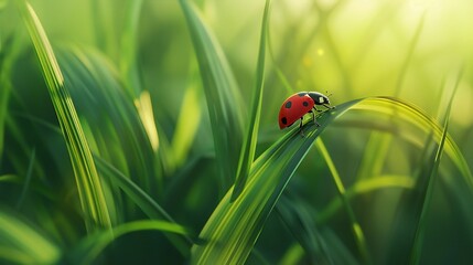 Obraz premium A single blade of grass with a small ladybug climbing up, highlighting the vibrant green background.