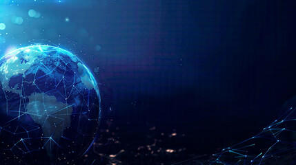 Futuristic HUD background with blockchain technology world globe and polygon peer-to-peer network global cryptocurrency fintech business banner conceptluminous digital design 
