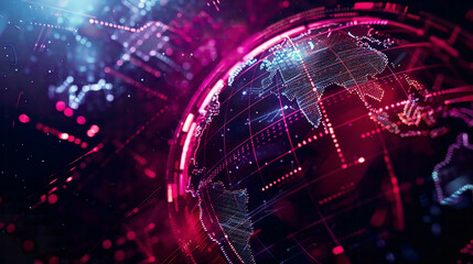 Obraz premium Futuristic HUD background with blockchain technology world globe and polygon peer-to-peer network global cryptocurrency fintech business banner conceptluminous digital design 
