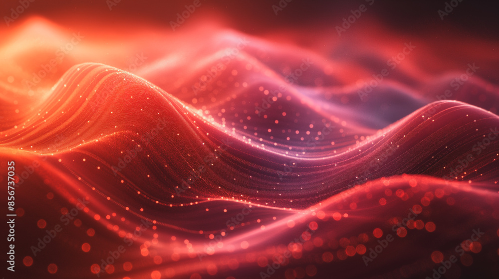 Poster a red and orange wave with a lot of dots on it. the wave is very long and it looks like it is moving